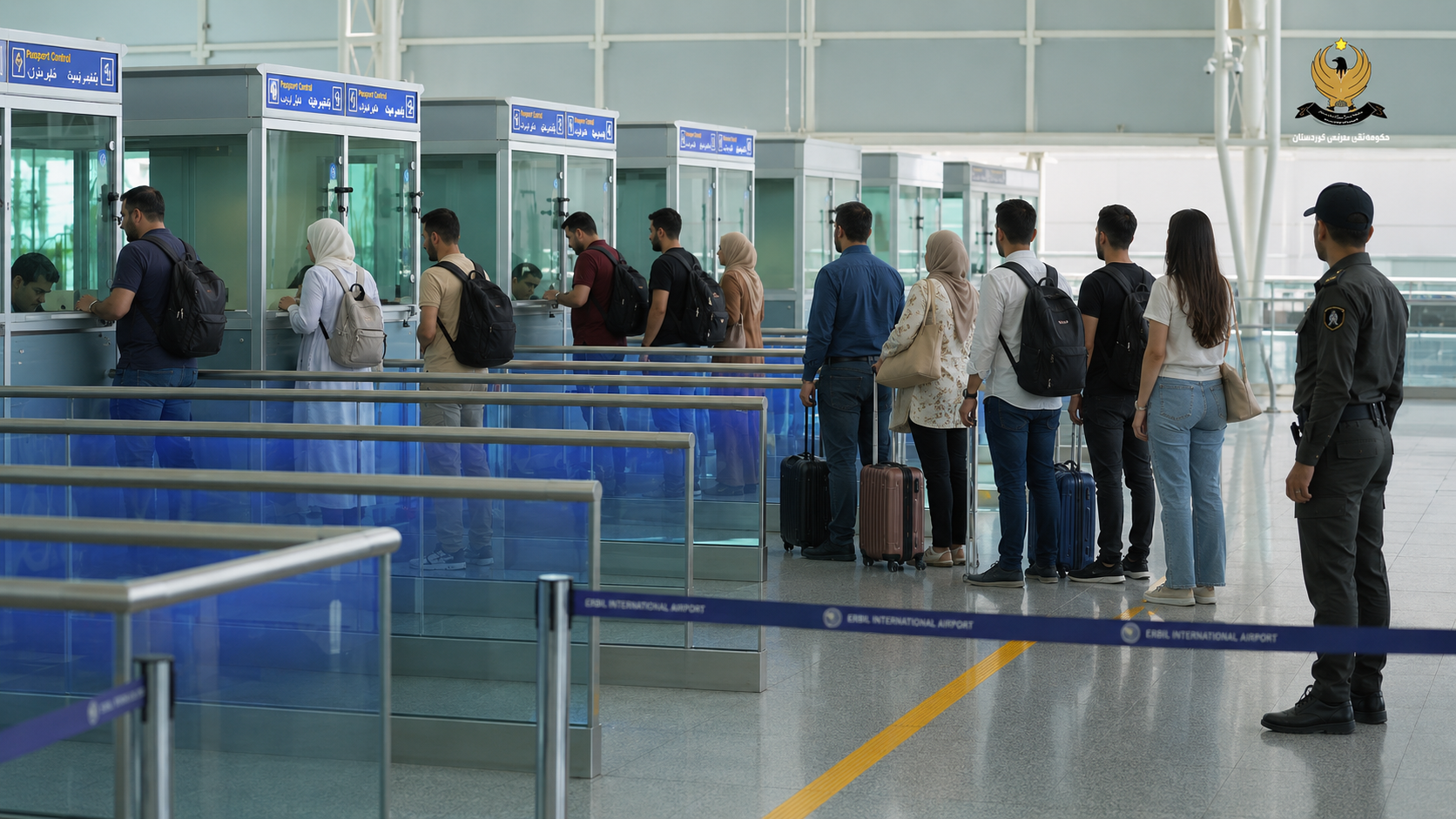 Arriving passengers waiting at passport control inside Erbil International Airport in the Kurdistan Region of Iraq