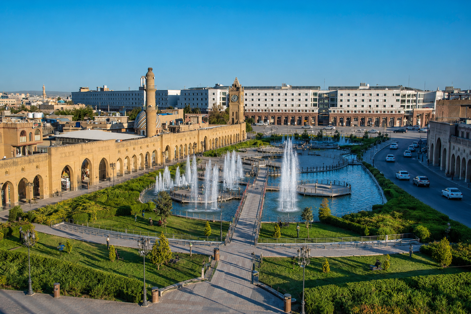 Fountains and gardens of Shar Park below the Citadel in Erbil, the Kurdistan Region of Iraq, a hub for organised travel packages
