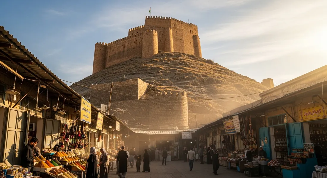 Erbil Citadel rising above the city centre in the Kurdistan Region of Iraq
