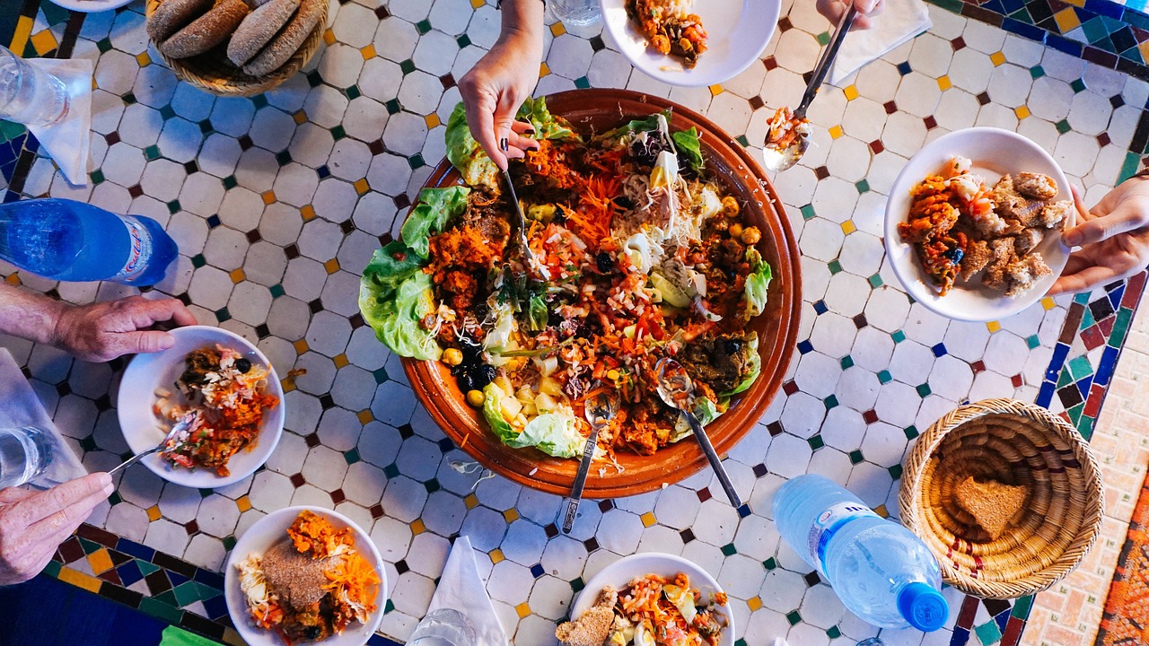 A large shared meal laid out for guests