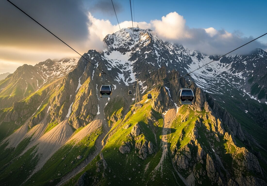 Mount Korek mountain landscape with a cable car ascending the slope in the Kurdistan Region of Iraq