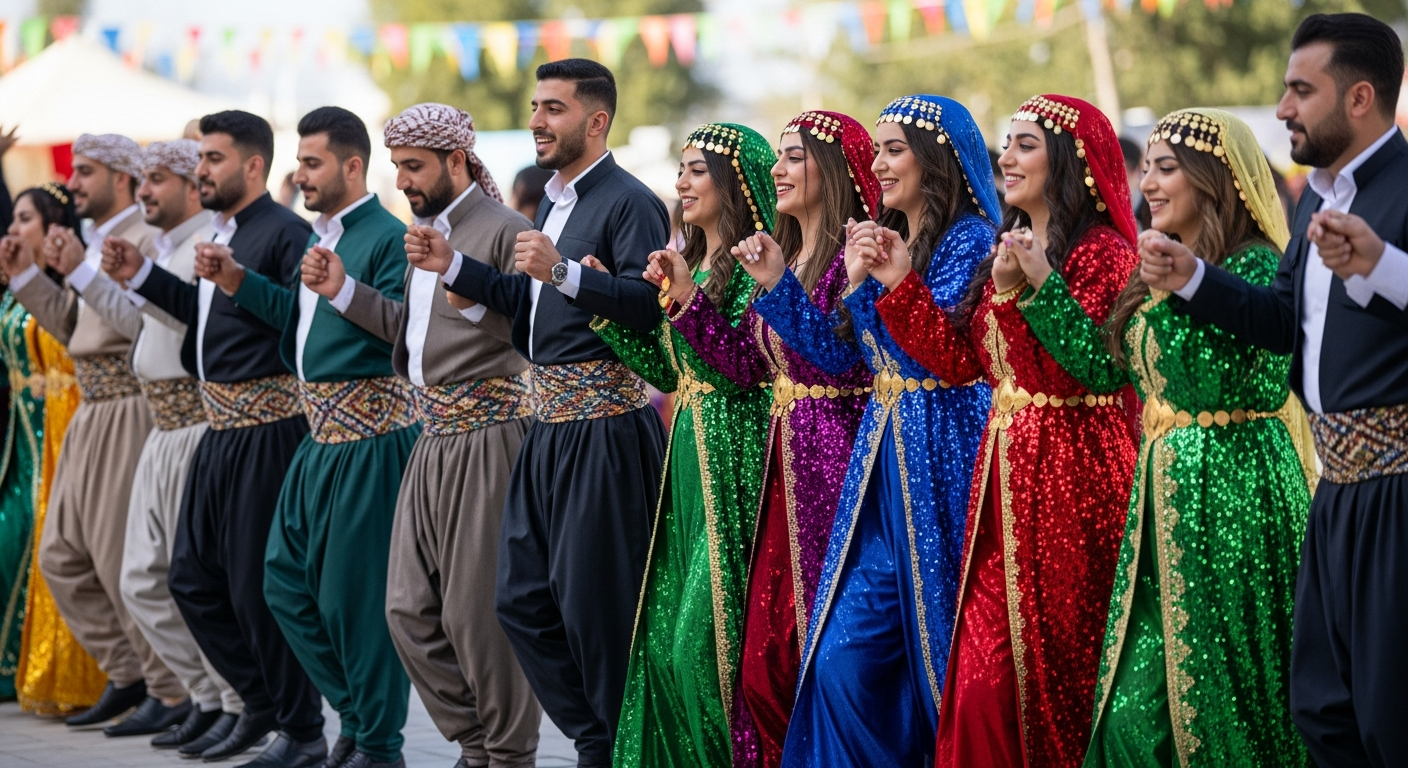 People in colourful traditional Kurdish dress dancing in a line