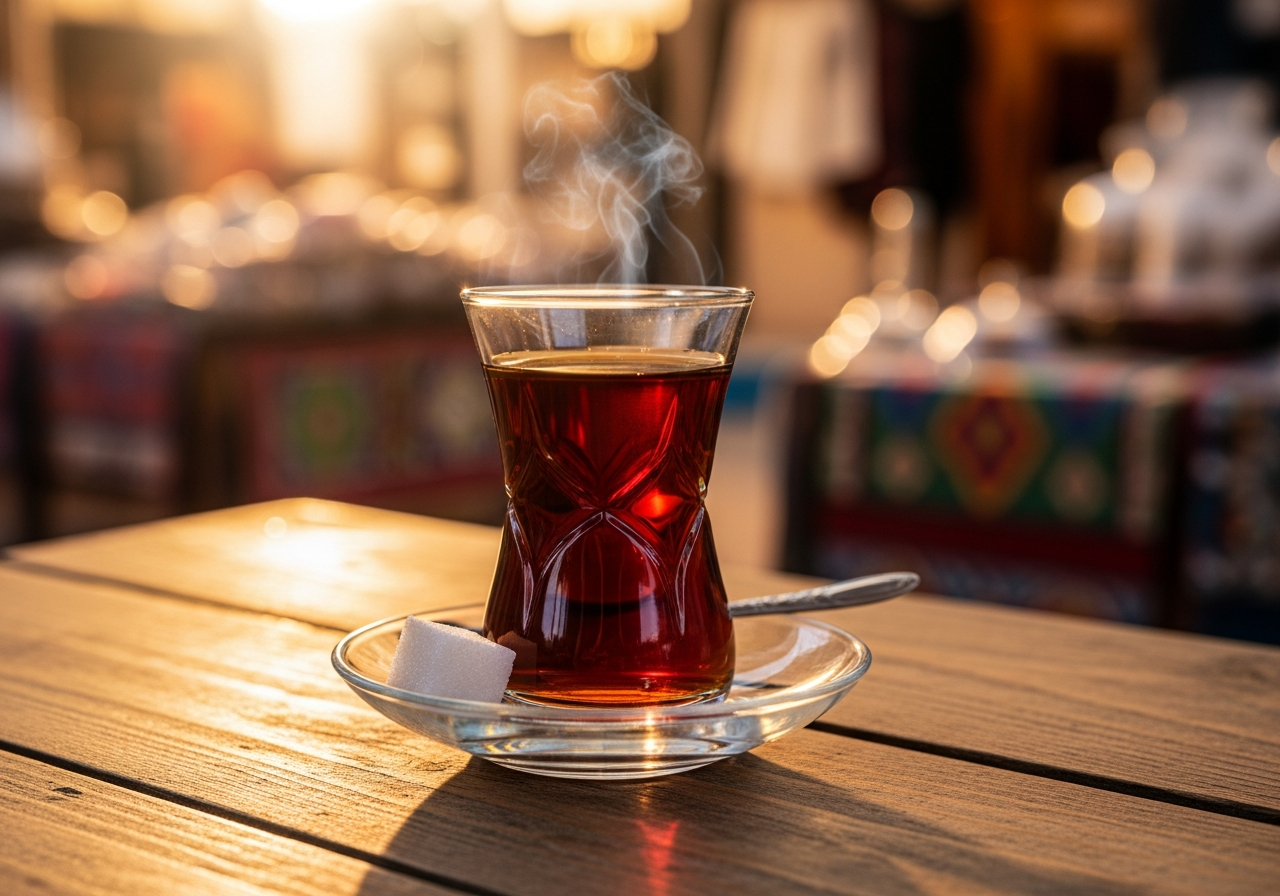A glass of black tea served in a small tulip-shaped istikan glass