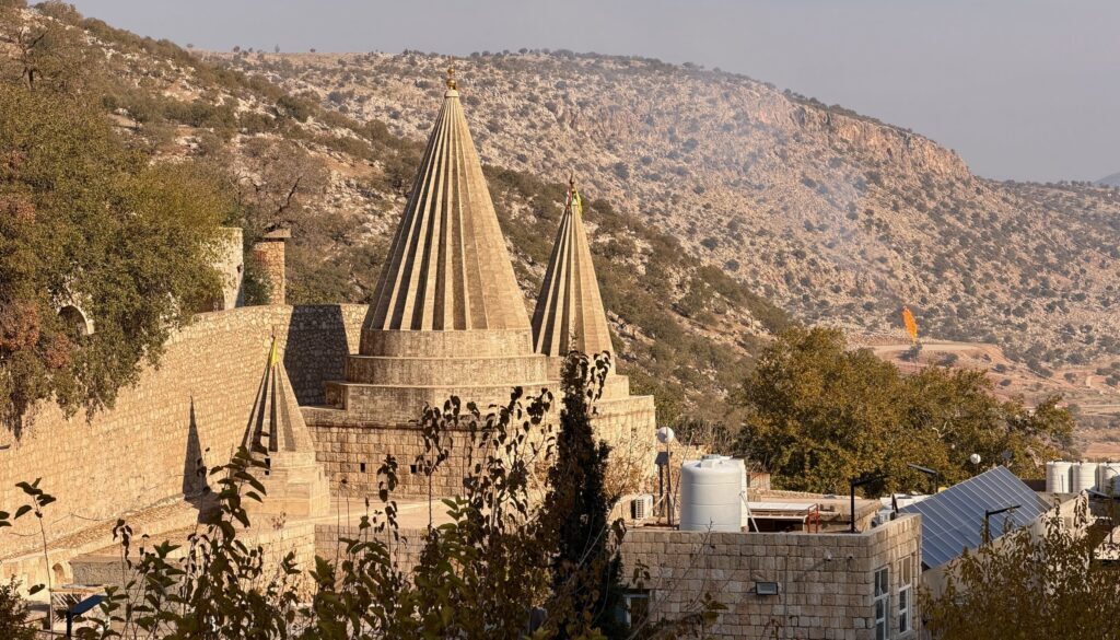 The conical spires of the temple at Lalish, the holiest Yazidi site, in the Kurdistan Region of Iraq