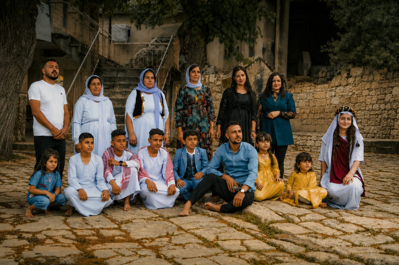 A Yazidi family in traditional dress gathered on the ancient stone courtyard at Lalish